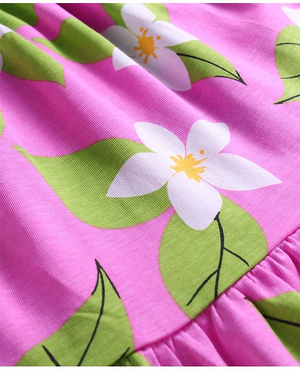 Pine Kids Cotton Knit Singlet Frock with Floral Print - Green