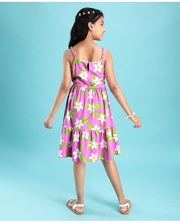 Pine Kids Cotton Knit Singlet Frock with Floral Print - Green