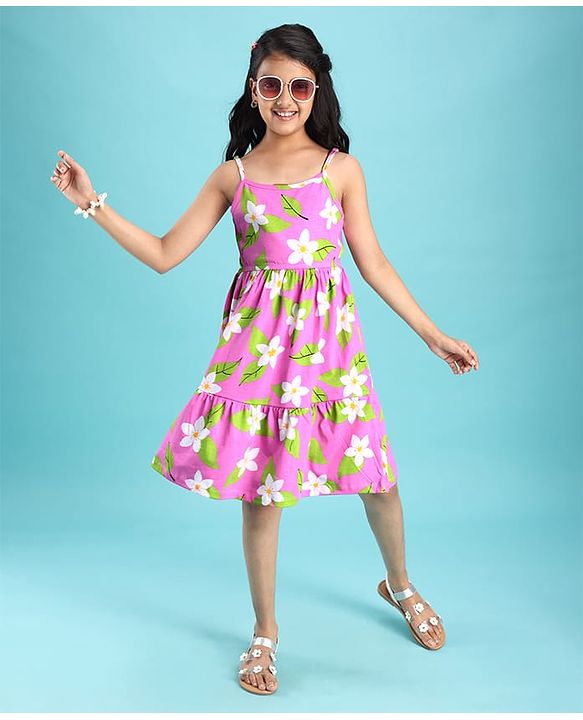 Pine Kids Cotton Knit Singlet Frock with Floral Print - Green