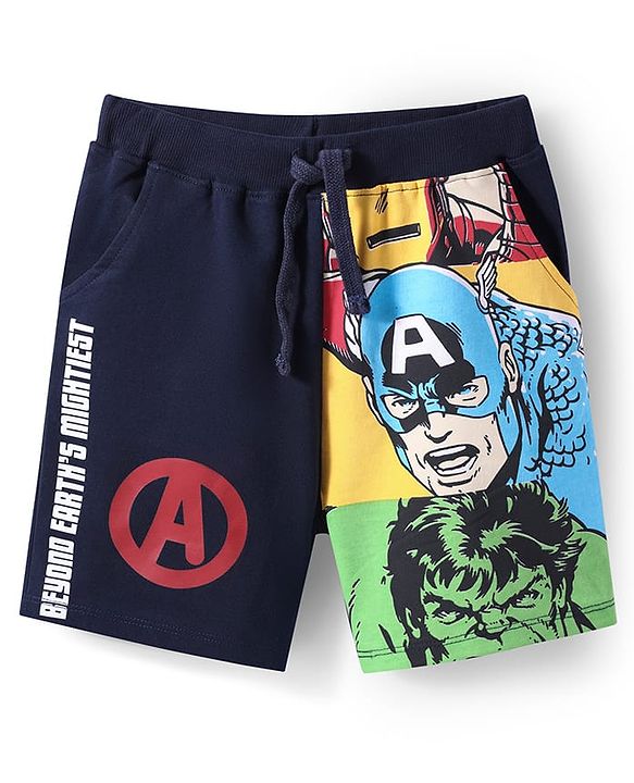 Pine Kids Marvel Terry Knit Knee Length Shorts with Avengers Graphics - Navy Blue