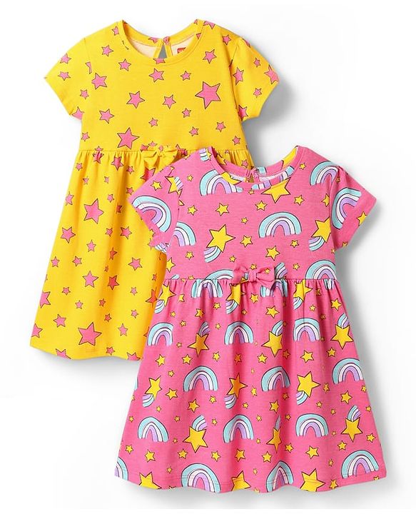 Babyhug Single Jersey Knit Half Sleeves Stars  Printed Frocks with Bow Applique Pack of 2 - Yellow & Pink