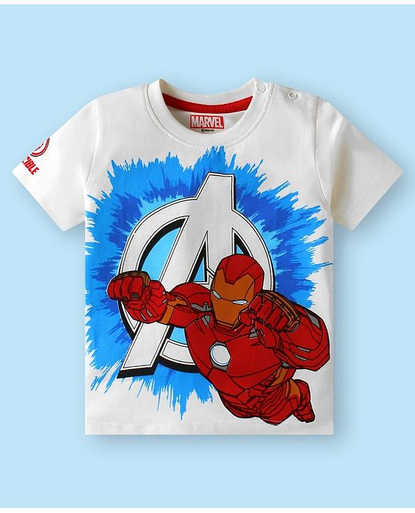 Babyhug Marvel Single Jersey Knit Half Sleeves T-Shirt & Shorts Set With Iron Man Graphics & Pocket Detailing - White & Light Blue