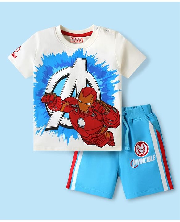 Babyhug Marvel Single Jersey Knit Half Sleeves T-Shirt & Shorts Set With Iron Man Graphics & Pocket Detailing - White & Light Blue