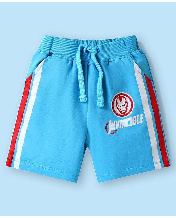 Babyhug Marvel Single Jersey Knit Half Sleeves T-Shirt & Shorts Set With Iron Man Graphics & Pocket Detailing - White & Light Blue