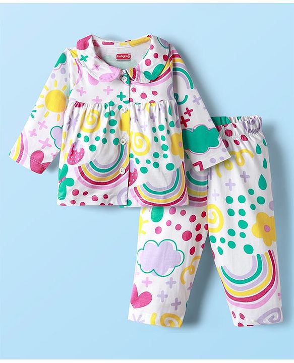 Babyhug Single Jersey Knit Full Sleeves Floral Print Night Suit - Multicolor