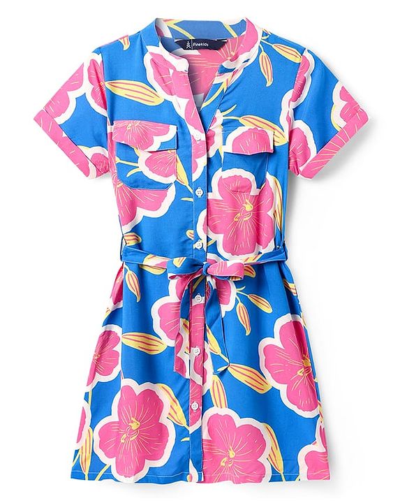 Pine Kids Woven Half Sleeves Frock & Belt With Floral Print - Blue & Pink