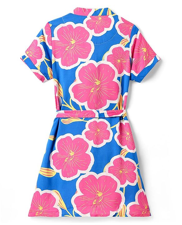 Pine Kids Woven Half Sleeves Frock & Belt With Floral Print - Blue & Pink