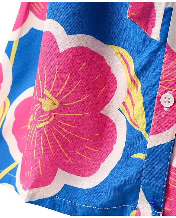 Pine Kids Woven Half Sleeves Frock & Belt With Floral Print - Blue & Pink