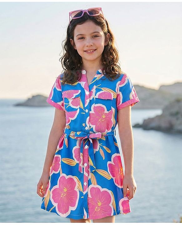 Pine Kids Woven Half Sleeves Frock & Belt With Floral Print - Blue & Pink