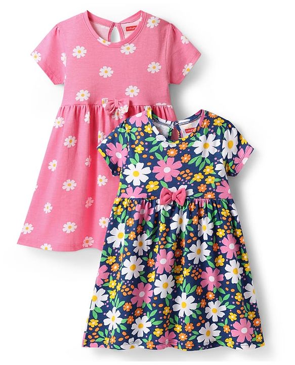 Babyhug Single Jersey Knit Half Sleeves Floral Printed Frocks with Bow Applique Pack of 2 - Navy Blue & Pink
