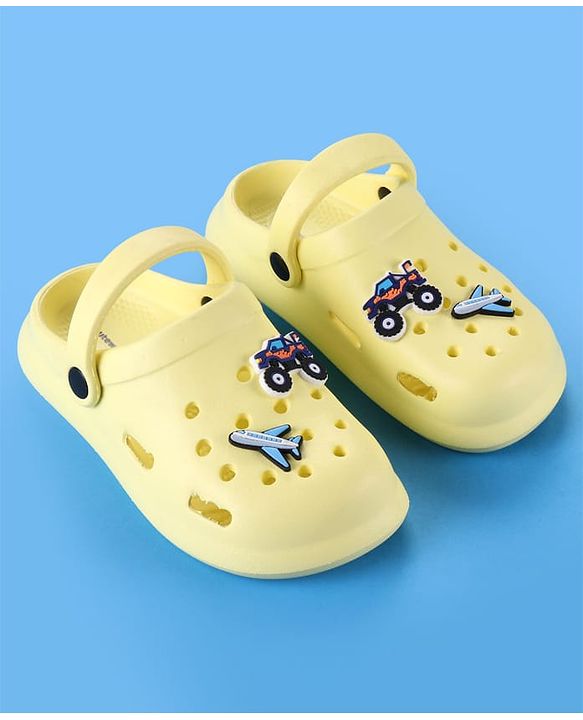 Cute Walk by Babyhug Clogs With Aeroplane & Monster Car Applique - Yellow