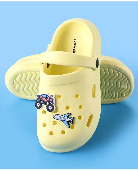 Cute Walk by Babyhug Clogs With Aeroplane & Monster Car Applique - Yellow