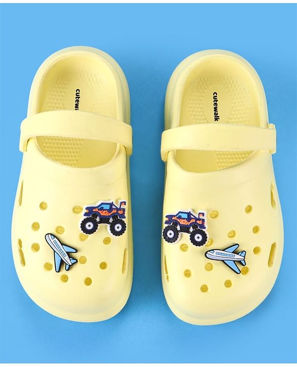 Cute Walk by Babyhug Clogs With Aeroplane & Monster Car Applique - Yellow
