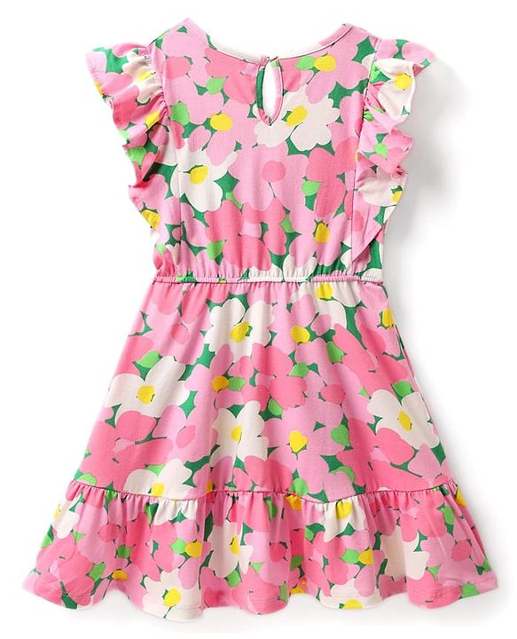 Pine Kids Cotton Knit Frill Sleeves Frock with Floral Print - Pink