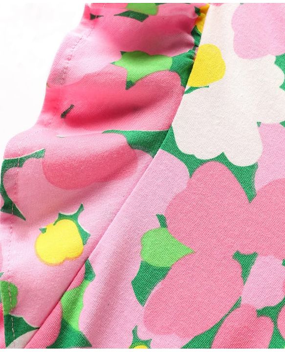 Pine Kids Cotton Knit Frill Sleeves Frock with Floral Print - Pink