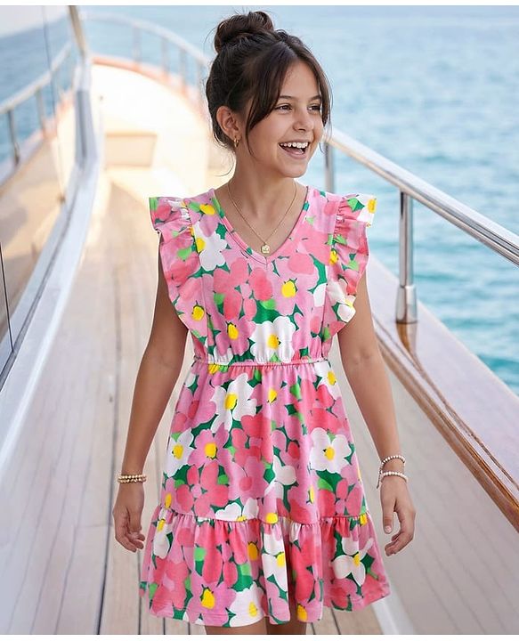 Pine Kids Cotton Knit Frill Sleeves Frock with Floral Print - Pink