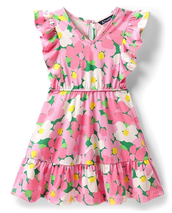 Pine Kids Cotton Knit Frill Sleeves Frock with Floral Print - Pink