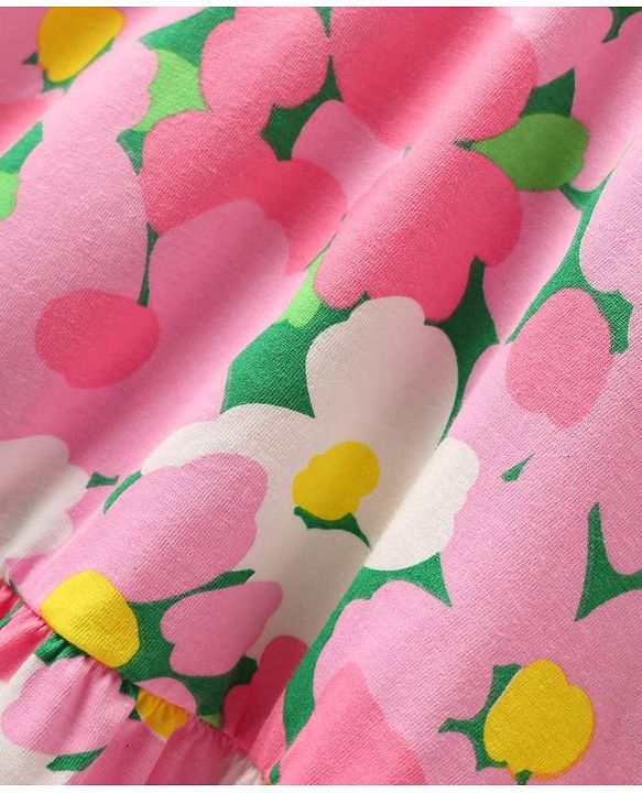 Pine Kids Cotton Knit Frill Sleeves Frock with Floral Print - Pink