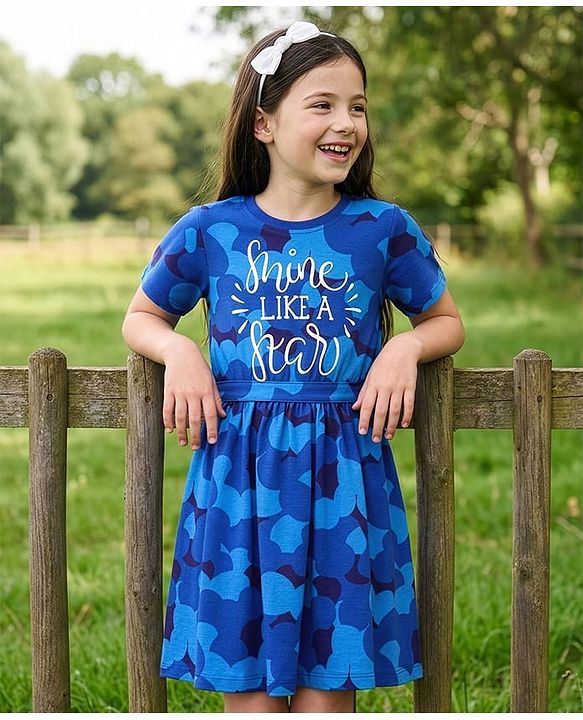 Pine Kids Cotton Knit Half Sleeves Frock with Shine Like a Star Text Print - Blue
