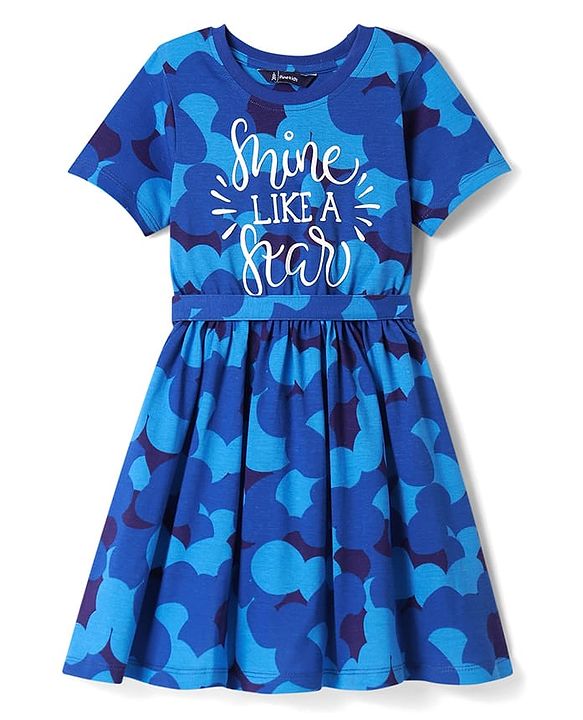 Pine Kids Cotton Knit Half Sleeves Frock with Shine Like a Star Text Print - Blue