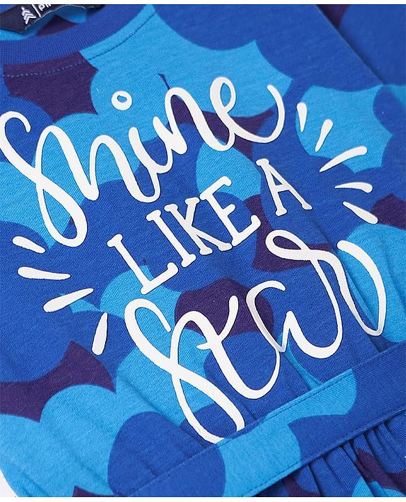 Pine Kids Cotton Knit Half Sleeves Frock with Shine Like a Star Text Print - Blue