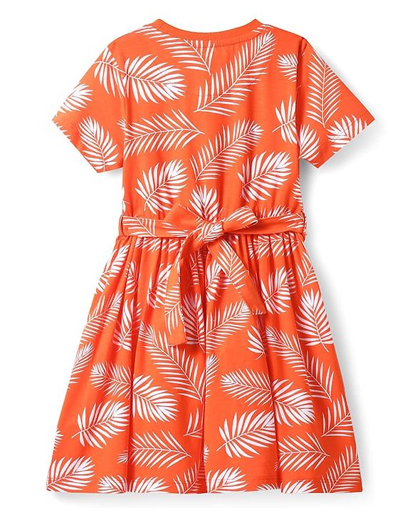 Pine Kids Cotton Knit Half Sleeves Dress With Leaf Print - Orange