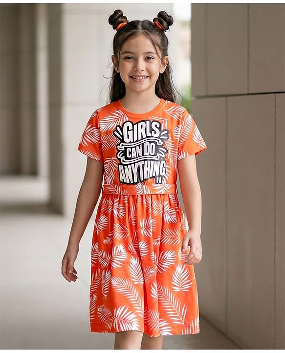 Pine Kids Cotton Knit Half Sleeves Dress With Leaf Print - Orange
