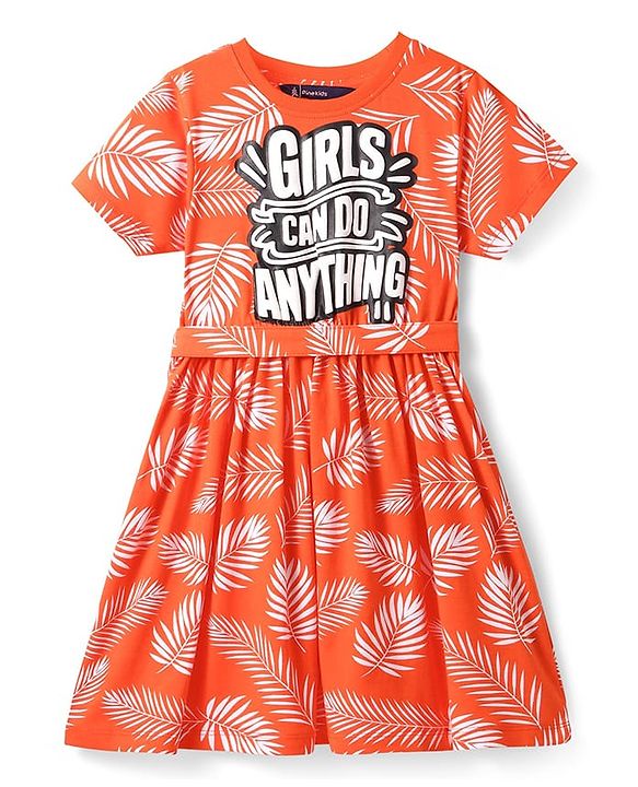 Pine Kids Cotton Knit Half Sleeves Dress With Leaf Print - Orange