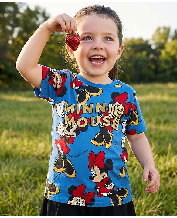 Babyhug Disney Single Jersey Knit Half Sleeves T-Shirt with Minnie Mouse Graphics & Gold Foil Detailing - Blue