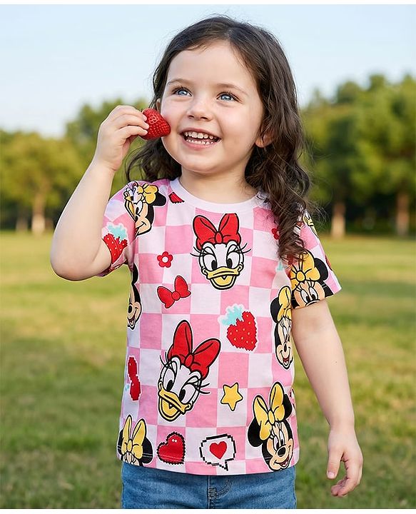 Babyhug Disney Single Jersey Knit Half Sleeves T-Shirt With Minnie & Friends - Pink & White
