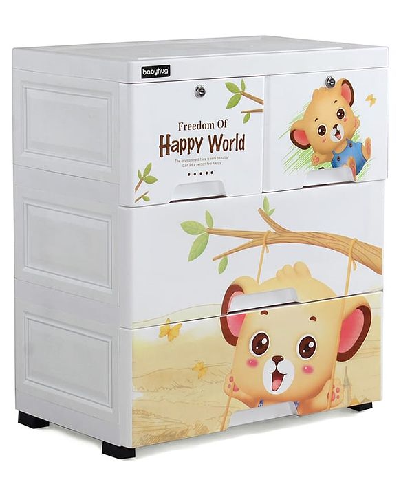 Babyhug 3 Layers High Density Plastic Storage Cabinet Teddy Print With Wheels - White
