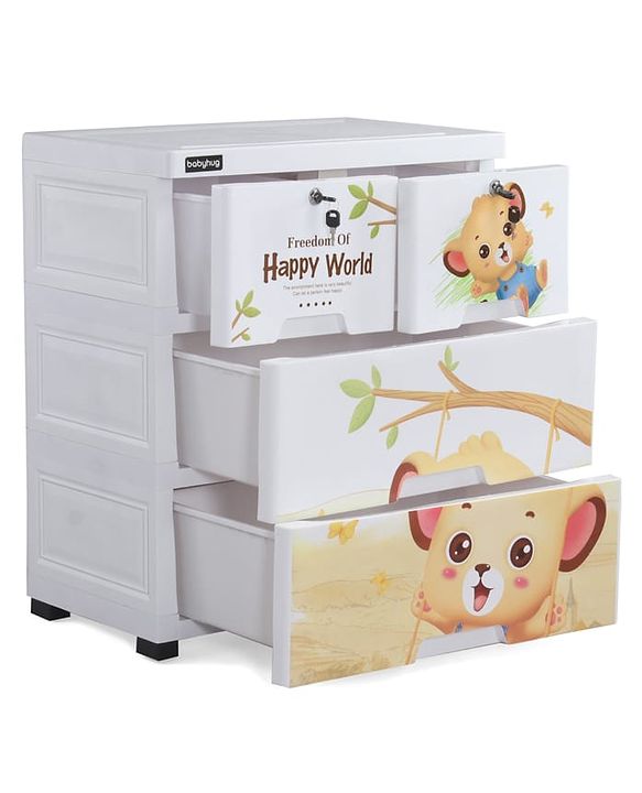 Babyhug 3 Layers High Density Plastic Storage Cabinet Teddy Print With Wheels - White