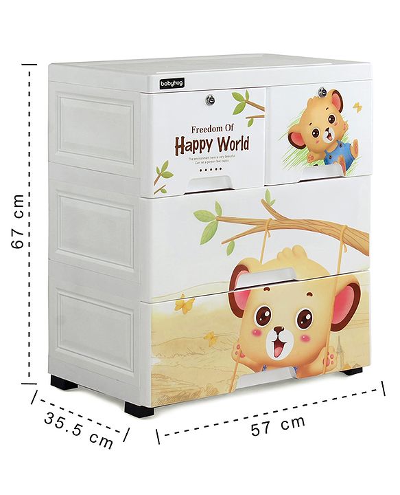Babyhug 3 Layers High Density Plastic Storage Cabinet Teddy Print With Wheels - White