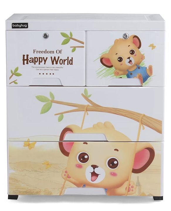 Babyhug 3 Layers High Density Plastic Storage Cabinet Teddy Print With Wheels - White