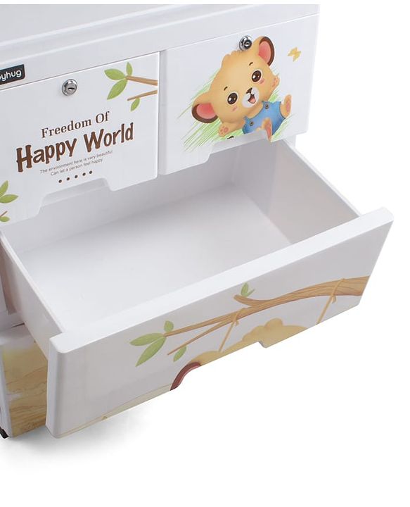 Babyhug 3 Layers High Density Plastic Storage Cabinet Teddy Print With Wheels - White