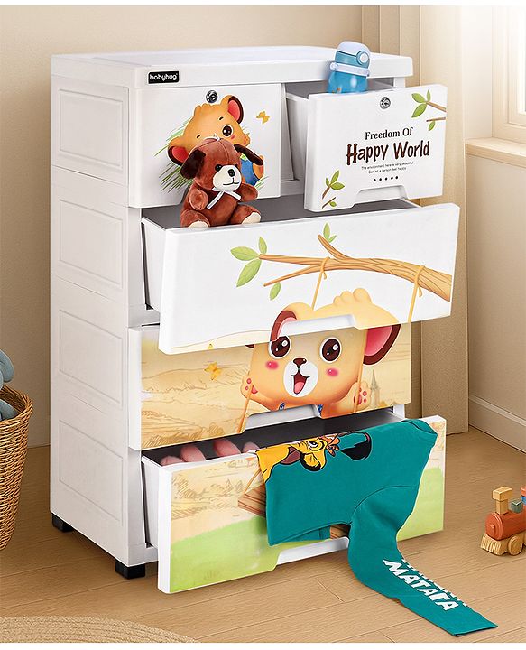 Babyhug 4 Layers High Density Plastic Storage Cabinet Teddy Print With Wheels - White
