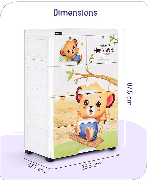 Babyhug 4 Layers High Density Plastic Storage Cabinet Teddy Print With Wheels - White