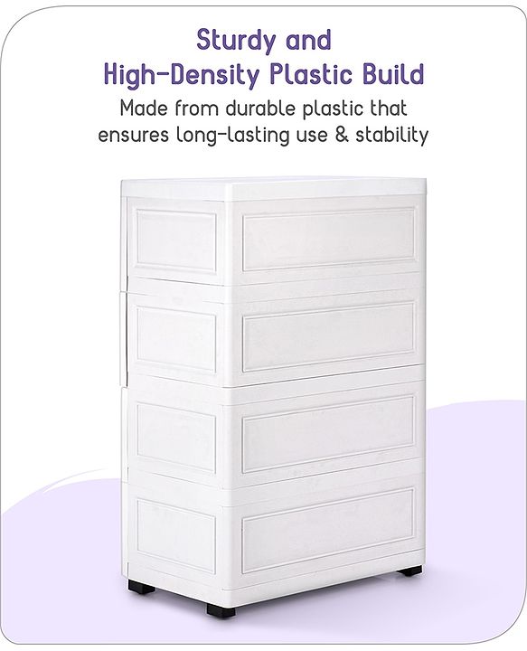 Babyhug 4 Layers High Density Plastic Storage Cabinet Teddy Print With Wheels - White