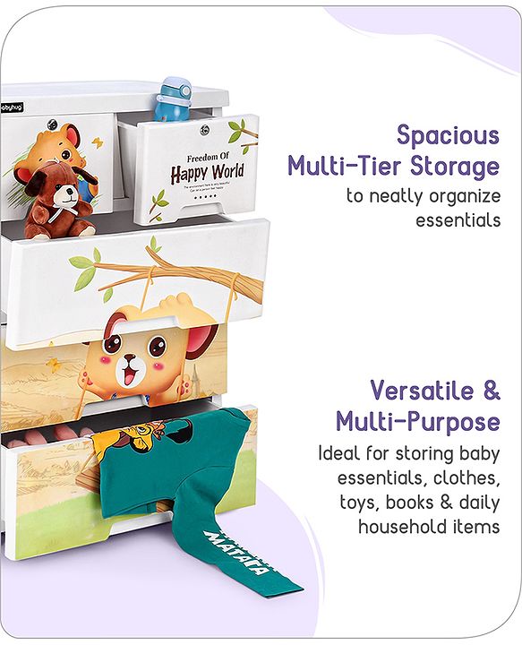 Babyhug 4 Layers High Density Plastic Storage Cabinet Teddy Print With Wheels - White