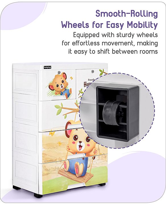 Babyhug 4 Layers High Density Plastic Storage Cabinet Teddy Print With Wheels - White