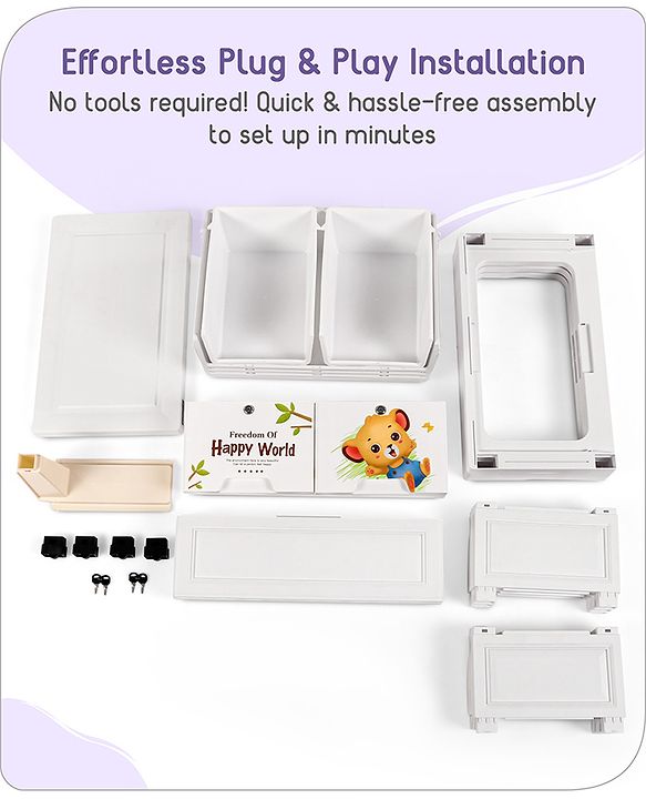 Babyhug 4 Layers High Density Plastic Storage Cabinet Teddy Print With Wheels - White