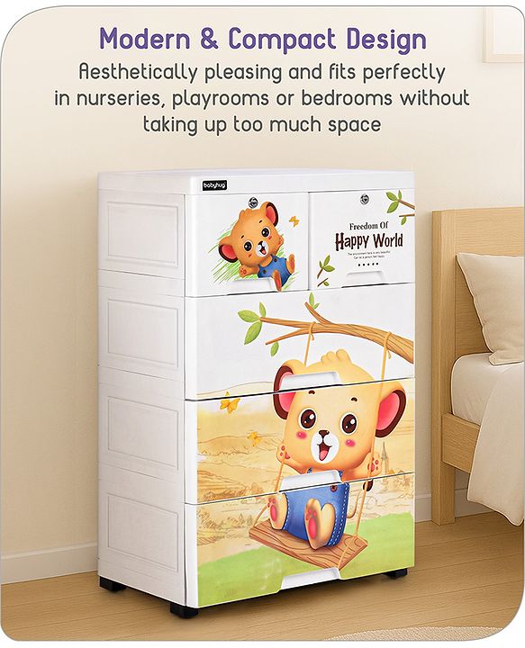 Babyhug 4 Layers High Density Plastic Storage Cabinet Teddy Print With Wheels - White