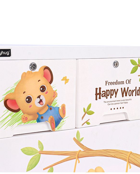 Babyhug 4 Layers High Density Plastic Storage Cabinet Teddy Print With Wheels - White