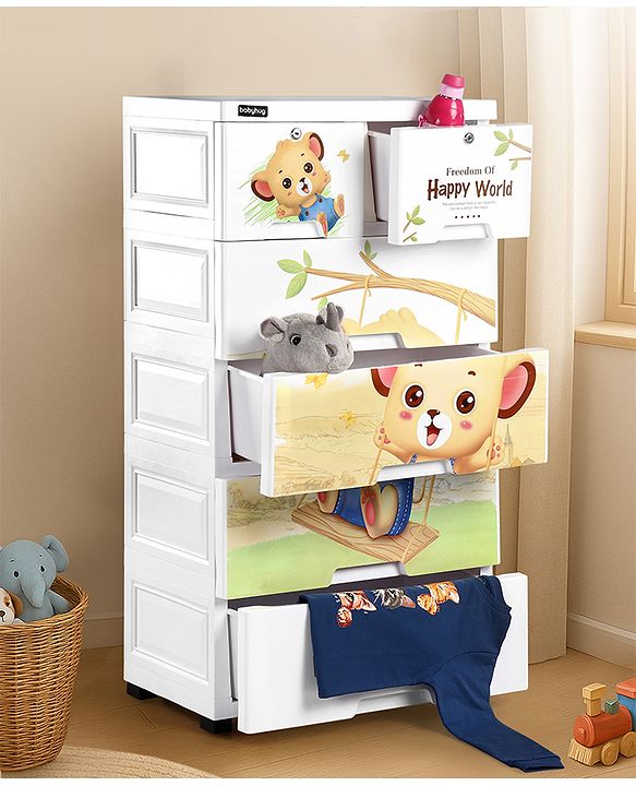 Babyhug 5 Layers High Density Plastic Storage Cabinet Teddy Print With Wheels - White
