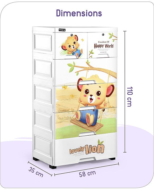 Babyhug 5 Layers High Density Plastic Storage Cabinet Teddy Print With Wheels - White