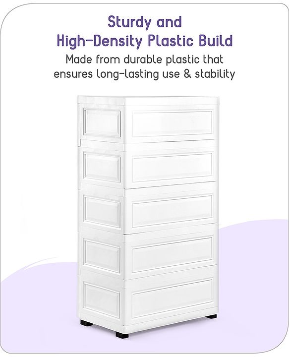Babyhug 5 Layers High Density Plastic Storage Cabinet Teddy Print With Wheels - White