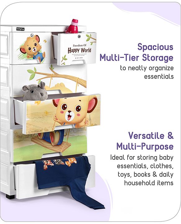 Babyhug 5 Layers High Density Plastic Storage Cabinet Teddy Print With Wheels - White