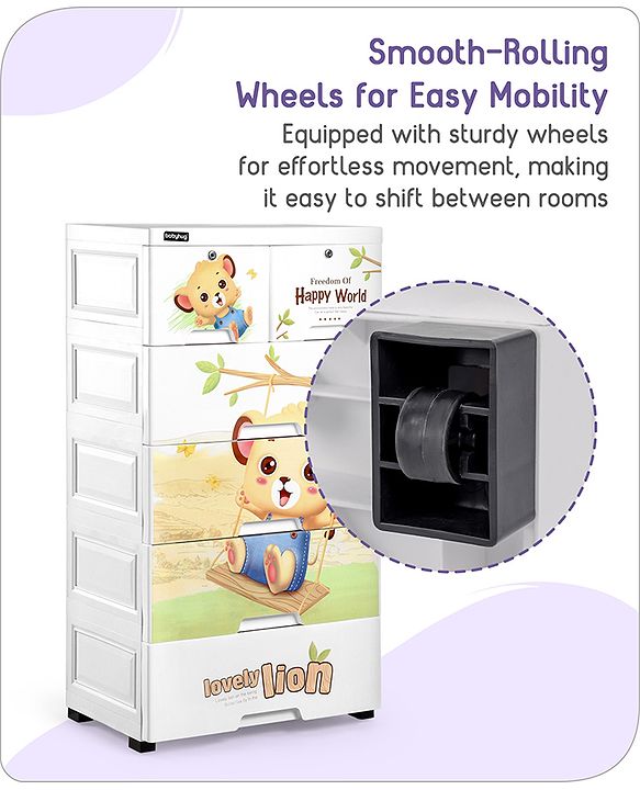 Babyhug 5 Layers High Density Plastic Storage Cabinet Teddy Print With Wheels - White