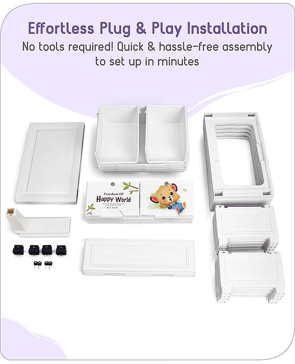 Babyhug 5 Layers High Density Plastic Storage Cabinet Teddy Print With Wheels - White