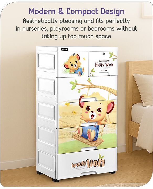 Babyhug 5 Layers High Density Plastic Storage Cabinet Teddy Print With Wheels - White